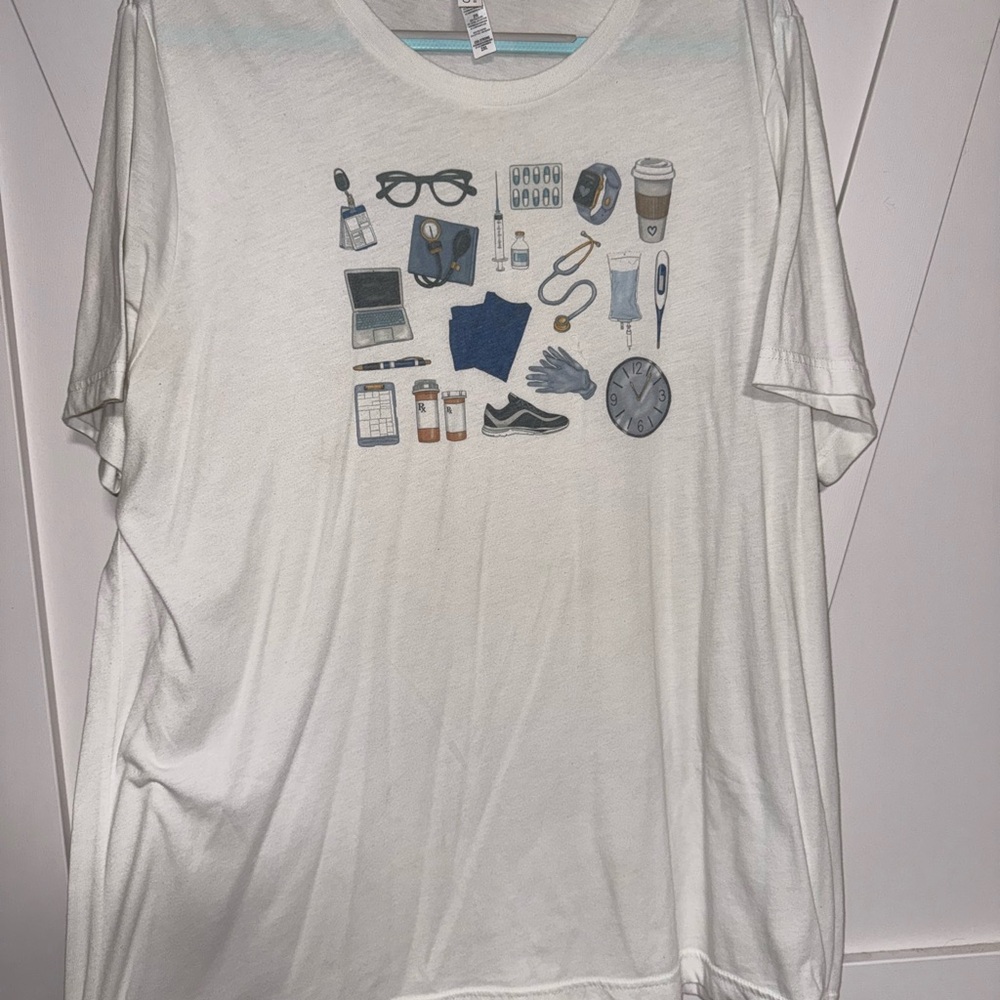 White Graphic T-Shirt with Accessories Print